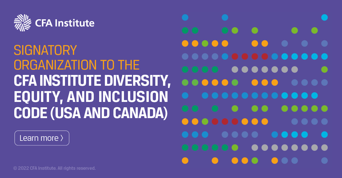 A graphic with text, Signatory Organization to the CFA Institute Diversity, Equity, and Inclusion Code (USA and Canada)