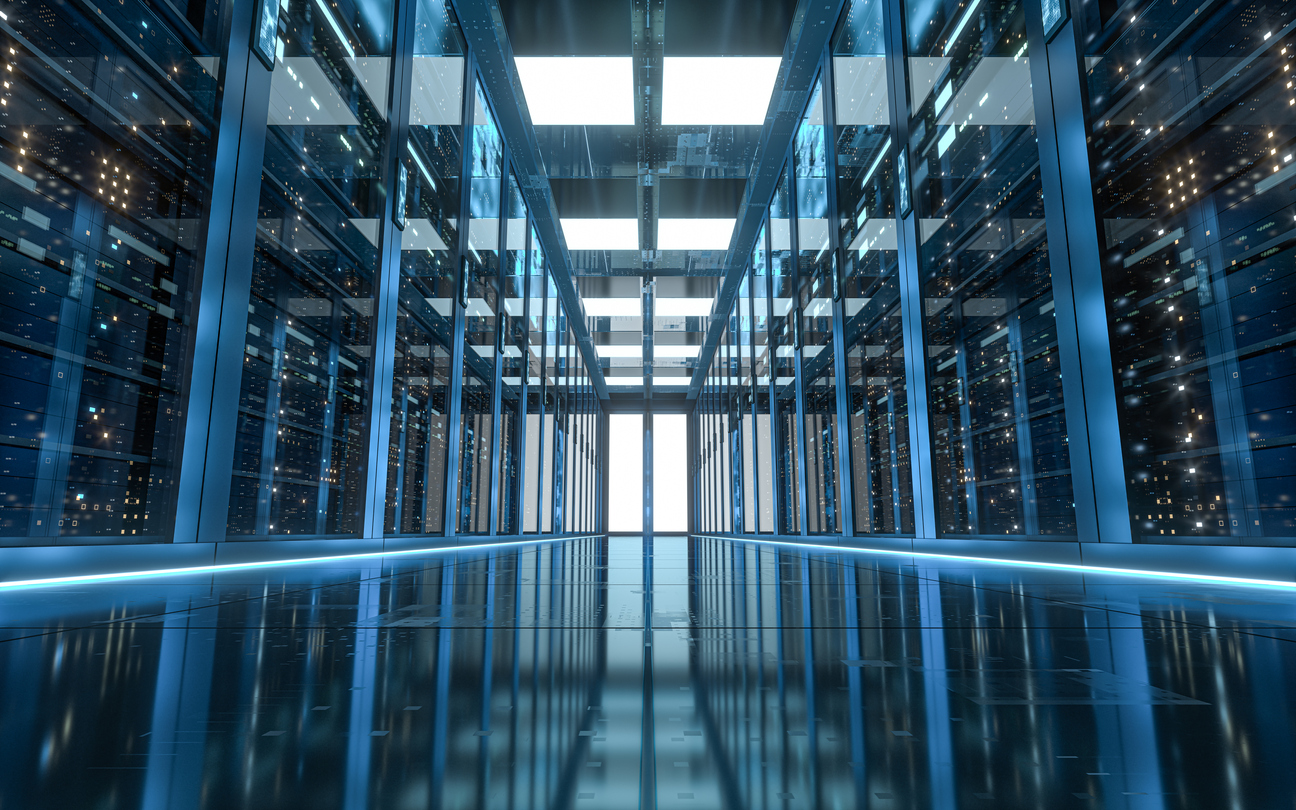 Server racks in computer network security server room data center