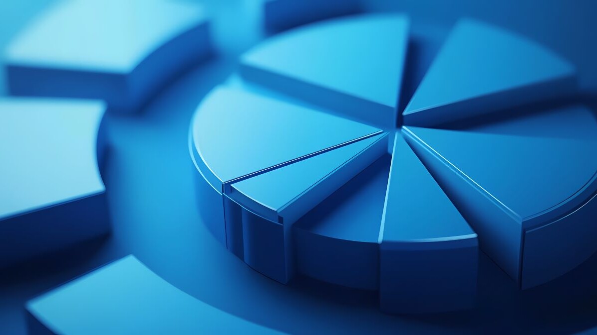 3d render of monochrome blue pie chart with copy space for banner.