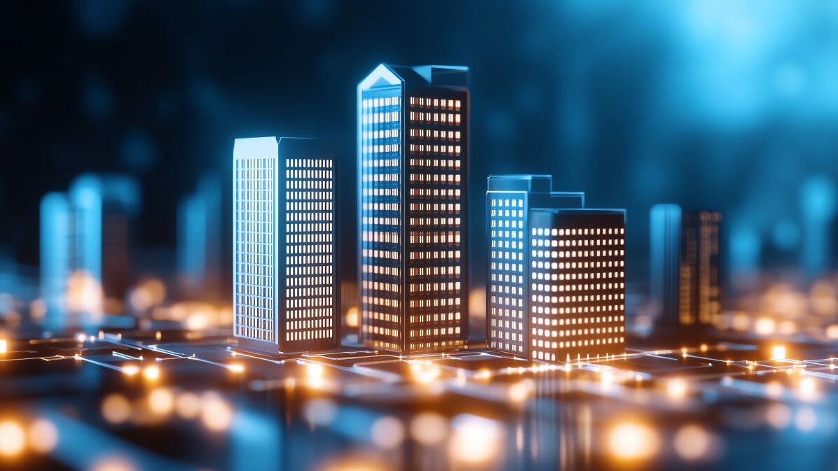 real estate concept image, buildings lit up over city scape, ai generated