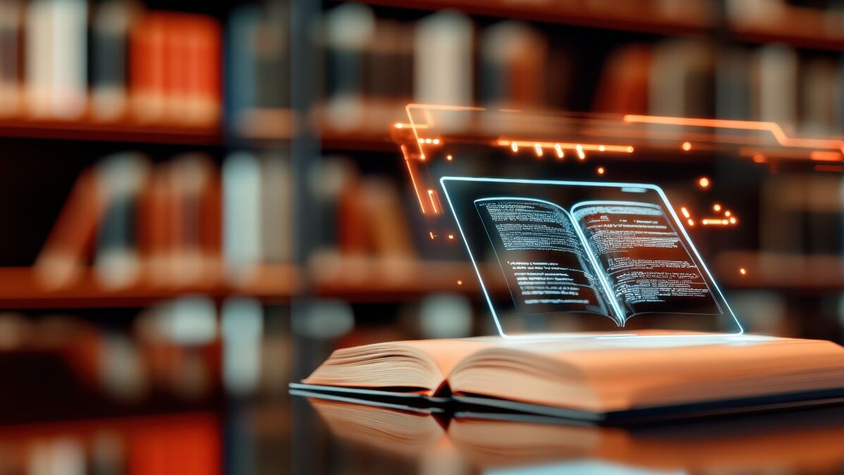 Open book with a holographic display showing interactive digital content in a library setting, showcasing technology and education