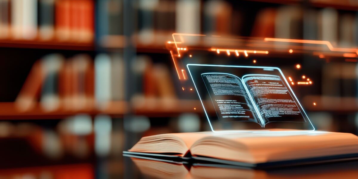 Open book with a holographic display showing interactive digital content in a library setting, showcasing technology and education