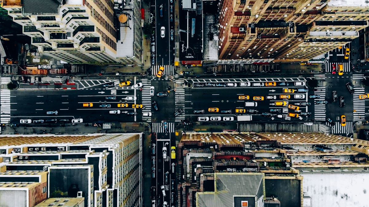 Aerial view of New York downtown building roofs.